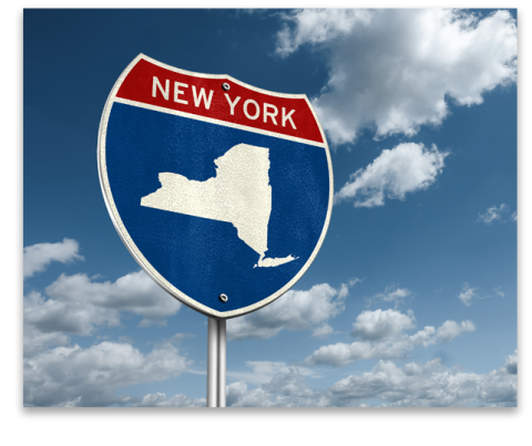 A New York state sign with outline of the state.